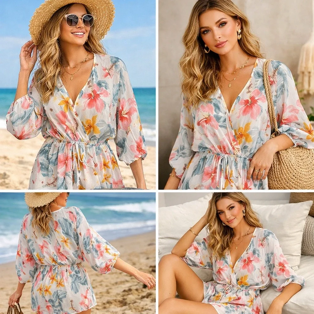 Sweet Rain Floral Chiffon Tunic L Boho Beach Cover-Up V-Neck Drawstring Waist
